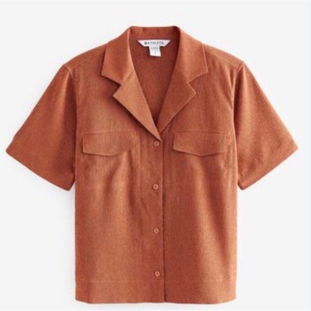 NWT Athleta Echo Top Button‎ Down Short Sleeve Orange Breathable Blouse Medium.